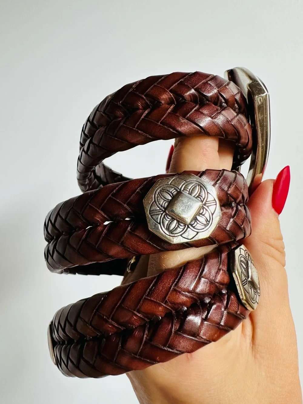 Brighton Brown Braided Leather Belt Silver Concho Western Boho Size Small 28